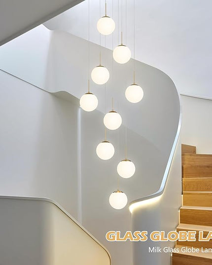 KoKo&Yukina 9-Light Globe Milky White Glass Pendant Light Adjustable Length Pendant Lights Modern Glass Globe Pendant Lights Gold Chandeliers Large Chandeliers for High Ceilings (Bulb & Remote Incl)