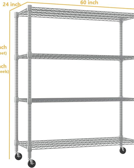 Himimi Storage Shelves 60"W Wire Shelving with Wheels 2600LBS Heavy Duty Metal Shelves for Storage, 4-Tier Adjustable Wire Rack Shelving Garage Shelving Kitchen Storage Shelves 24"Dx60"Wx72"H, Silver