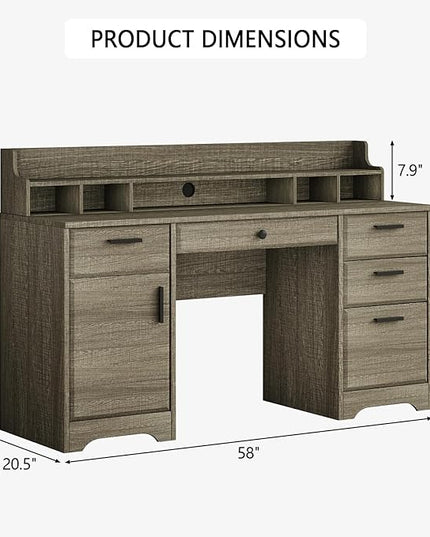 58 Inch Executive Desk with File Drawers, Computer Desk with Storage, Rustic Desk with Adjustable Shelves, Office Desk with Hutch for Bedroom, Grey