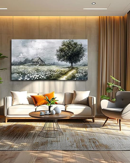 ERQINHUA Gray Canvas Wall Art For Living Room Farmhouse Wall Decor For Bedroom Office Decorations Field scenery Paintings Tree Landscape Wall Pictures Artwork Ready to Hang for Home Decor 20"X40"