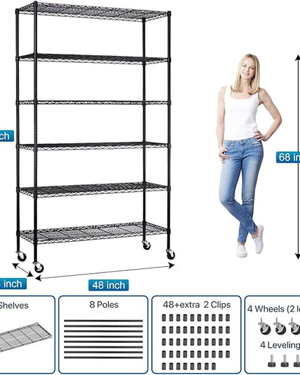 Dkeli 6-Tier Heavy Duty Metal Shelving Unit with Wheels | 48''D x 18''W x 82''H NSF Certified Adjustable Storage Rack | Commercial Grade Steel Wire Shelves for Garage, Pantry, Kitchen - Black