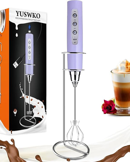 YUSWKO Light Purple Rechargeable Milk Frother for Coffee with Stand, Handheld Drink Mixer with 3 Heads 3 Speeds Electric Stirrers for Latte, Cappuccino, Hot Chocolate, Egg
