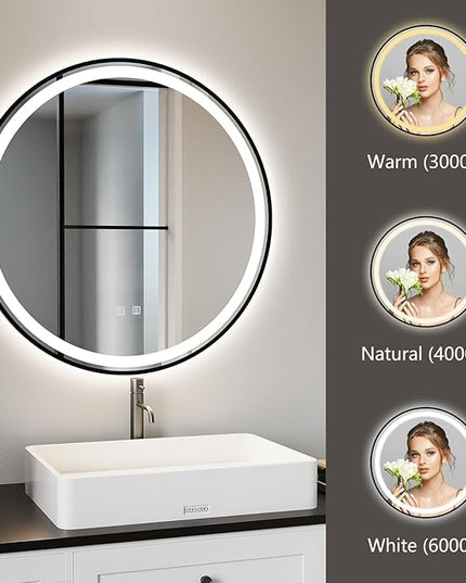 APRILSOUL 28 Inch Round Aluminum Framed LED Bathroom Mirror with Lights, Makeup Mirror with Front and Backlit, Anti-Fog, 3 Colors and Dimmable Light