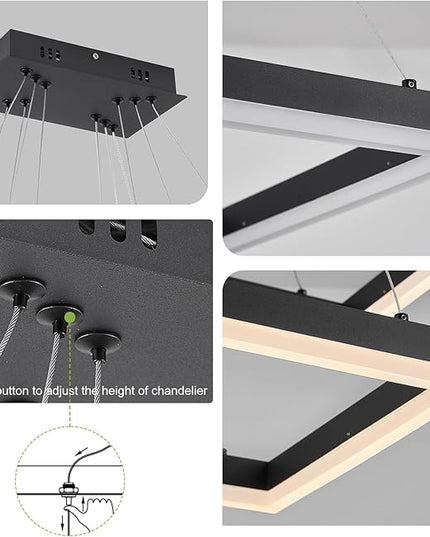 3 Rings Modern LED Chandelier Black 31.5inch Rectangle Dimmable LED Pendant Light with Remote Control 3 Tier Flush Mount High Ceiling Light for Dining Living Room Foyer(3000K-6500K, H71)