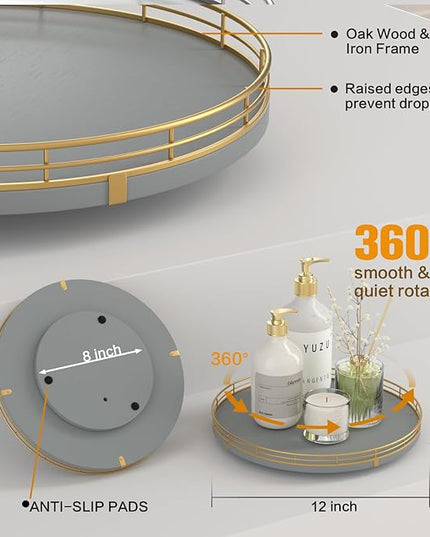 12" Wooden Lazy Susan Turntable for Cabinet – Roud Rotating Spice Rack Organizer, Gray Kitchen Countertop Tray for Dining Table & Pantry Storage （Gray & Gold）