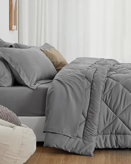 Love's cabin California King Comforter Set Grey, 7 Pieces California King Bed in a Bag, All Season Bedding Sets with 1 Comforter, 1 Flat Sheet, 1 Fitted Sheet, 2 Pillowcase and 2 Pillow Sham