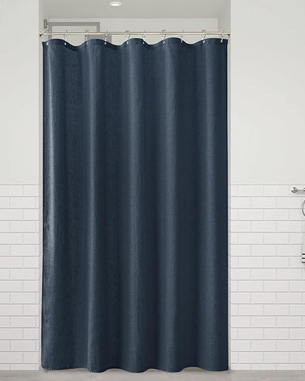 Naturoom Denim Blue 54 Inch Shower Curtain - Stall Narrow Half Linen Ultra Thick Fabric Shower Curtain Set with Hooks, Boho Farmhouse Rustic RV Camper Bath Curtains for Bathroom, 54x78