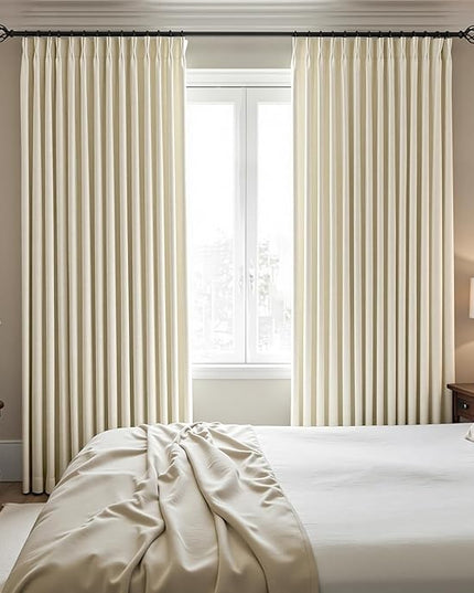IVAPUPU Cream Beige Pinch Pleated Full Blackout Linen Curtains for Bedroom, Black Out Curtains 96 Inches Long for Living Room Darkening Thermal Insulated Neutral Pleat Drapes with 16 Hooks, 2 Panels