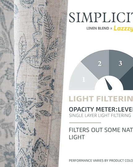 Lazzzy Linen Farmhouse Curtains for Living Room 90 Inch Length Floral Print Window Curtains Semi Sheer Drapes for Bedroom Country Light Filtering Curtain Grommet Top 2 Panels Blue on Beige