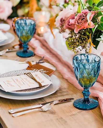 12 Pack Vintage Wine Glasses, Plastic Reusable 12 Ounce Colored Water Goblets, Unique Embossed Pattern Unbreakable Stemmed Wine Glasses High Clear Wedding Party Bar Drinking Cups Blue