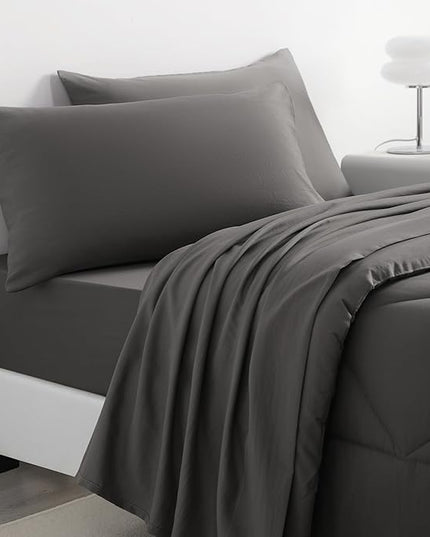 NTBAY Twin Comforter Set with Sheets, 5 Pieces Soft and Breathable Twin Bedding Set, Twin Bed in a Bag, Down Alternative Comforter Set Solid Color All Season, Kids Bedding Set, Dark Grey
