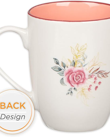 Christian Art Gifts Encouraging Ceramic Coffee & Tea Mug for Women: Rosy Pink Floral Cross, Microwave & Dishwasher Safe Cup, Cute Lead-free Inspirational Encouraging Novelty Drinkware, White, 12 oz.