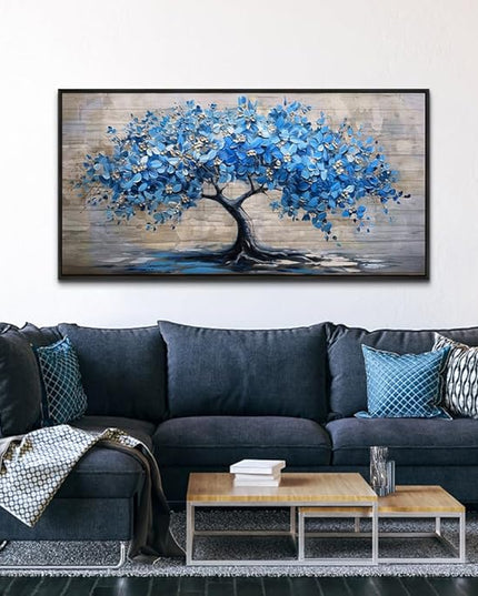 ERQINHUA Large Canvas Wall Art For Living Room Farmhouse Wall Decor For Bedroom Abstract Paintings Blue Tree Wall Pictures Artwork Office Decoration Dormitory Home Decor Black Framed 24x48 Inches