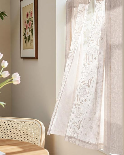 jinchan Winslow Linen Curtains 54 Inch Length Small Window Curtains Embroidered Bordered Floral Drapes Light Filtering for Bathroom Laundry Room Kitchen Farmhouse Decor White on Beige 2 Panels