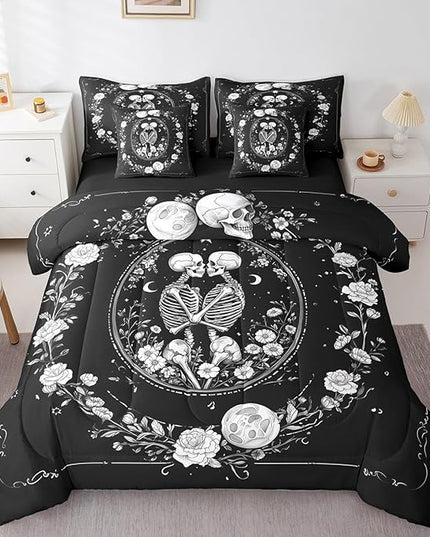 Feelyou Sun and Moon Comforter Set Full Size 7 Pieces Comforters Gothic Skull Skeleton Bedding Set Rustic Garden Flower Bed Set Bed in a Bag with Comforter, Sheets, Pillowcases & Cushion Covers
