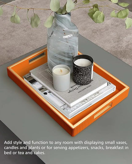 SANZIE Leather Tray Desktop Storage Organizer Premium Serving Tray Decorative Tray Valet Tray for Sundries Cosmetics Phone Wallet Cutlery, Rectangular, Orange