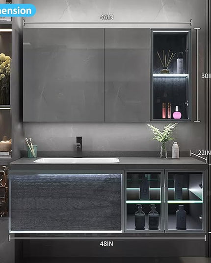 48IN Bathroom Vanity - Bathroom Vanity with Sink Combo, Motion Sensor Light Indoor & Transparent Glass Cabinet Doors | Floating Vanity with Grey Storage Cabinet