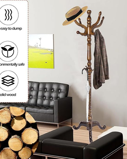 Coat Racks Free Standing with 11 Hooks, Natural Wood Coat Stands for Entryway, Adjustable Height 74 in Tree Coat Rack Stand for Hallway Home Office Bedroom (Brown Triangle)