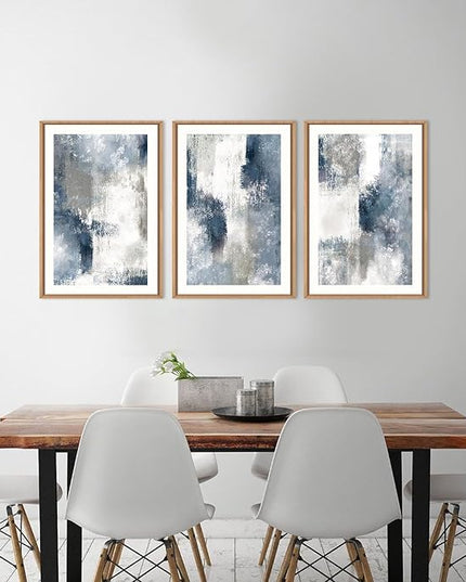 HOURIA Abstract Navy Blue Gray Framed Canvas Wall Art Set,Neutral White Brush Stroke Wall Decor,Minimalist Color Block Shapes Artwork,Modern Pastel Prints for Living Room,Bedroom,Farmhouse- 16"x24"x3