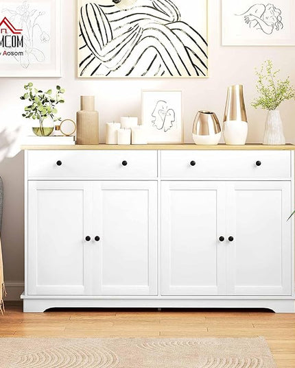 HOMCOM Sideboard Buffet Cabinet with Storage, 55" Modern Kitchen Cabinet with 4 Doors, 2 Drawers and 2 Adjustable Shelves, Coffee Bar, White