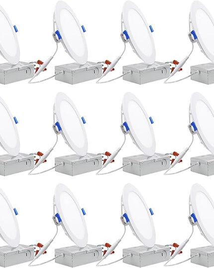 TORCHSTAR 12-Pack 6 Inch Ultra-Thin LED Recessed Lighting with J-Box, 4000K Cool White, 12W Dimmable 1000lm Brightness LED Downlight, ETL & Energy Star Listed