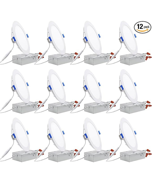 TORCHSTAR 12-Pack 6 Inch Ultra-Thin LED Recessed Lighting with J-Box, 3000K Warm White, 12W Dimmable 1000lm Brightness LED Downlight, ETL & Energy Star Listed