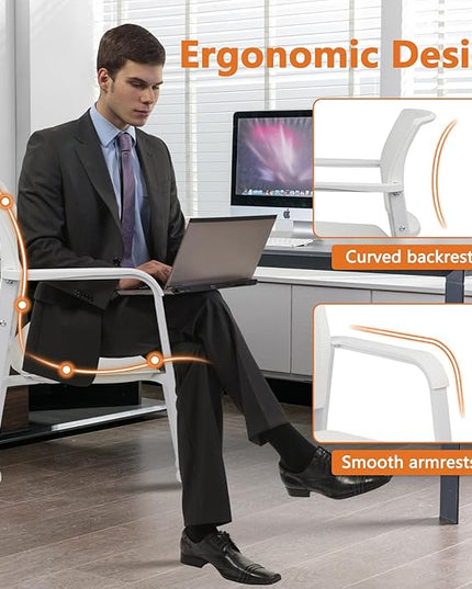 CLATINA Stacking Office Chairs with Wheels | Mesh Back, Thicken Leather Seat and Streamline Armrests, Ergonomic Lumber Support | School, Desk, Guest Reception, Waiting, Conference, White