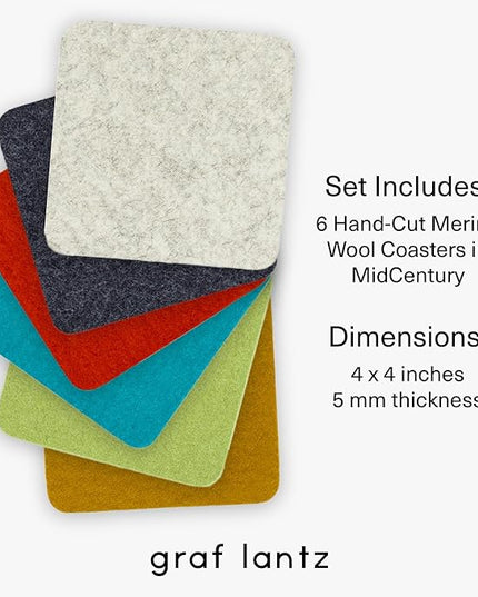 Graf Lantz - Bierfilzl Merino Wool Square Coasters Set of 6 - Midcentury (4"x4"x5mm) - Absorbs 30% Weight, Natural German Wool - Heat Resistant, Sustainable, Reusable - Home Decor & Coffee Table Decor