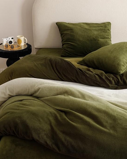 Luxlovery Green Gradient Velvet Comforter Full Fluffy Plush Flannel Bedding Set Full Men Women Army Green White Winter Warm Blanket Quilts Thick Abstract Modern Comforter Set