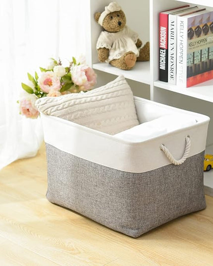 TheWarmHome Storage Bins Baskets for Organizing, 20.5L×15.7W×13.8H 3 Pack Sturdy Fabric Storage Basket W/Handles, Decorative Foldable Storage Baskets for Shelves Closet Nursery Toy (White & Grey)