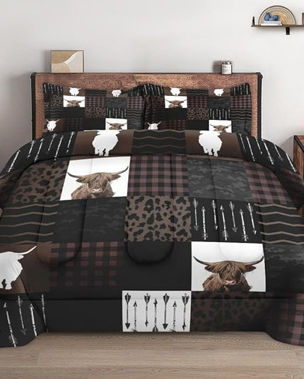 Full Size Comforter Set with 2 Pillowcases, Brown Farm Animal 3 Pcs Bedding for Kids and Adults, Vintage Highland Cow Print Soft Comforter Set for Bedroom Bed Decor