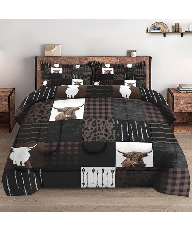 Twin Size Comforter Set with Pillowcase, Highland Cow Animal 2 Pcs Bedding for Kids and Adults, Brown Farm Vintage Print Soft Comforter Set for Bedroom Bed Decor