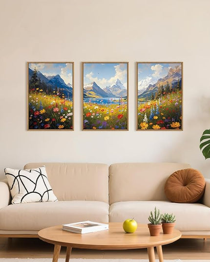 HOURIA Boho Vibrant Watercolor Wildflower & Snowy Mountain Framed Canvas Wall Art Set,Colorful Floral Landscape Decor,Modern Natural Field Scenery Artwork for Living Room,Bedroom,Farmhouse-24 x36 x3