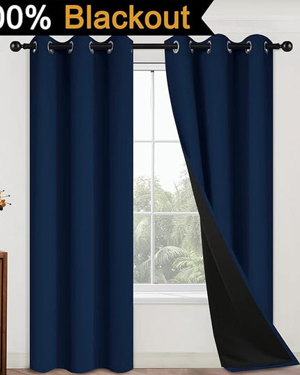 Yakamok 84 Inch Length 100% Blackout Window Curtain Panels, Full Light Blocking Drapes with Black Liner Thermal Insulated Drapes for Bedroom (42Wx84L,Navy Blue, 2 Panels)