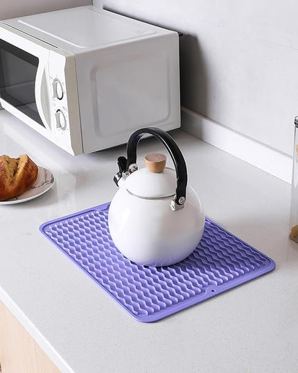 Silicone Dish Drying Mat for Multiple Usage,Easy clean,Eco-friendly,Heat-resistant Silicone Mat for Kitchen Counter or Sink,Refrigerator or drawer liner Light Purple L 16 inches x 12 inches