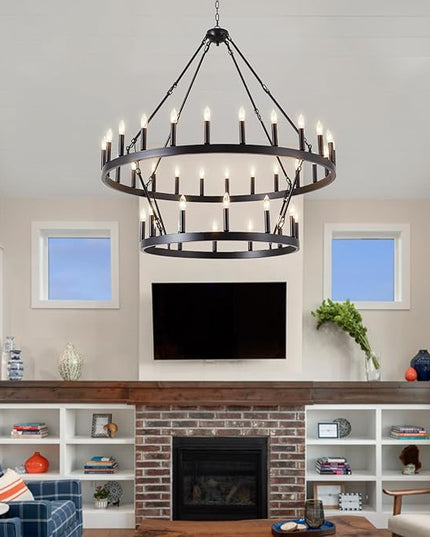 Black Wagon Wheel Chandelier 2 Tier 36-Light, 48-Inch Large Farmhouse Industrial Chandelier Round Rustic Pendant Light Fixture for High Ceilings Foyer, Entryway, Dining Room, E12