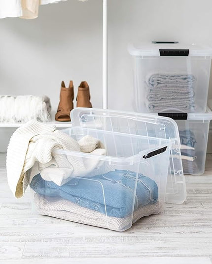 IRIS USA 40 Qt Stackable Plastic Storage Bins with Lids, 4 Pack - BPA-Free, Made in USA - See-Through Organizing Solution, Latches, Durable Nestable Containers, Secure Pull Handle - Clear