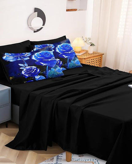 Merryword 8 Pcs Bed in a Bag Blue Rose Comforter Set King Size Rose Flower Bedding Set Romantic Love Valentine Bedding Comforter Set
