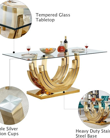 Henf 7-Piece Glass Dining Table Set with 6 Upholstered Dining Chairs, Large Gold Dining Table and Chair Set for 6, Modern Kitchen Table Furniture for Dining Room, Stainless Steel Base and Glass Top