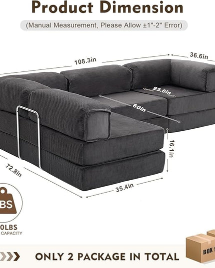 108" L Shaped Couch, Modular Sectional Sofa with Chaise, Cloud Boneless Couch with Deep Seat & Removable Pillow for Living Room, Bedroom,No Assembly Required（Grey）
