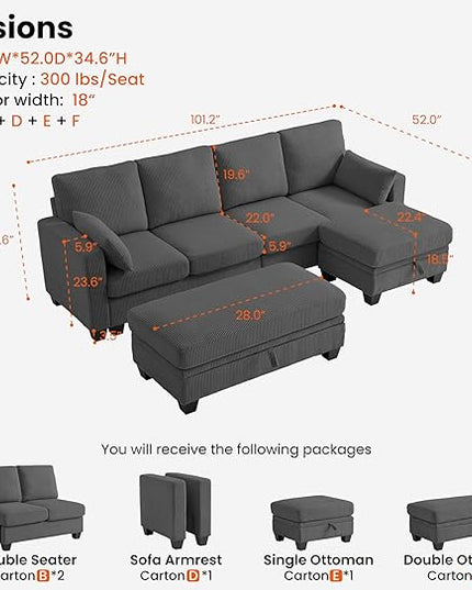 CHIC HOUSE Corduroy Modular Sectional Couch with Ottoman Chaise, L/U Shaped Sleeper Sofa for Living Room, Apartment, Lounge, Modern Armrest Neck Support Furniture (7 Seater Sectional, Dark Grey)