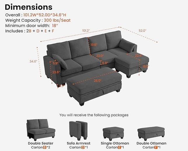 CHIC HOUSE Corduroy Modular Sectional Couch with Ottoman Chaise, L/U Shaped Sleeper Sofa for Living Room, Apartment, Lounge, Modern Armrest Neck Support Furniture (7 Seater Sectional, Dark Grey)