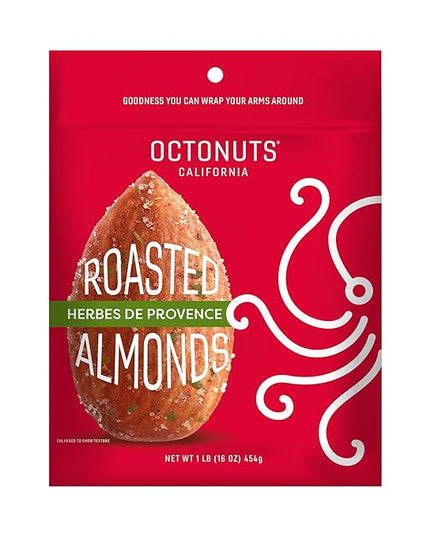Octonuts Dry Roasted Herbes de Provence Almonds – 16oz Resealable Bag - Healthy Snack for Adults and Kids - Plant Protein with Fiber, Calcium & Iron - Low Carb, Low Calorie - Non-GMO, Gluten Free Snacks