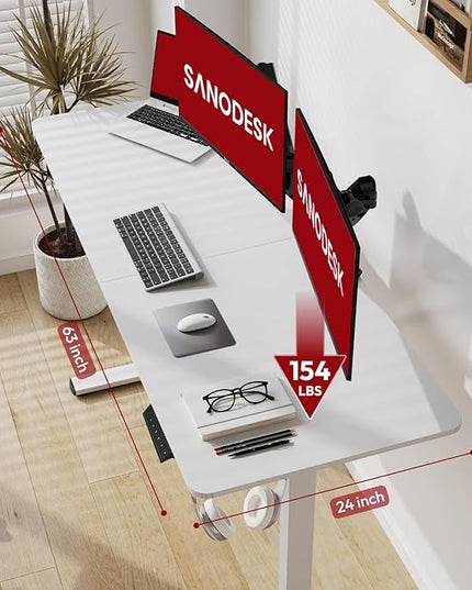 SANODESK Electric Standing Desk 63x24 Inch Height Adjustable Stand Up Desk Home Office Computer Workstation Sit Stand Home Office Desk with Splice Board (White Frame + White Top)