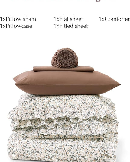 King Comforter Set - 7 Pieces Ruffle Beige Ditzy Bedding Sets, Shabby Chic Farmhouse Bed in a Bag King with Floral Comforter, Sheets, Pillowcases & Shams