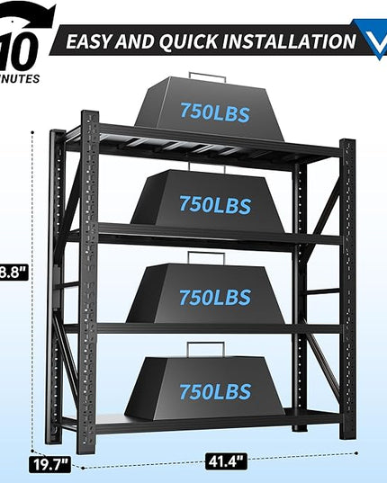 3000LBS Garage Shelving 42" W Garage Shelving Heavy Duty 4-Tier Metal Storage Shelves Adjustable Shelf Unit Storage Rack for Basement Supermarket Warehouse 42" W x 20" D x 78" H Black