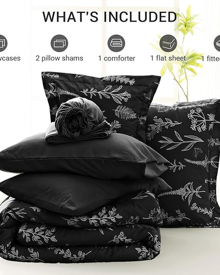 MUXHOMO Black California King Comforter Set, Elegant Floral Print Bed in a Bag 7 Pieces, Ultra Soft & Breathable Reversible Botanical Pattern Bedding Set with Comforter, Sheets, Pillowcases, and Shams