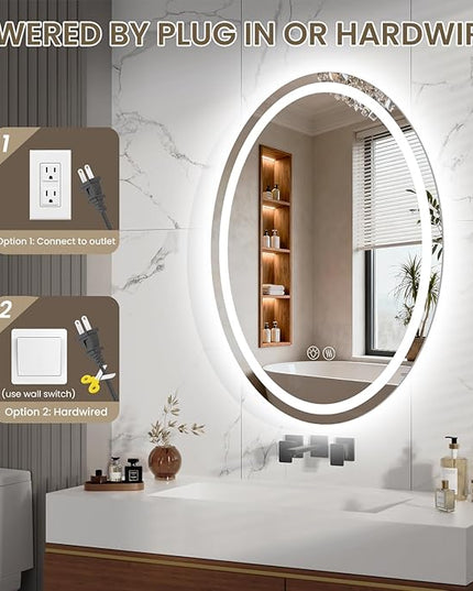 28''x20'' Oval LED Bathroom Mirror with Lights, Anti-Fog, 3 Colors Temperature & Dimmable, Lighted Mirrors for Bathroom Wall with Memory Function