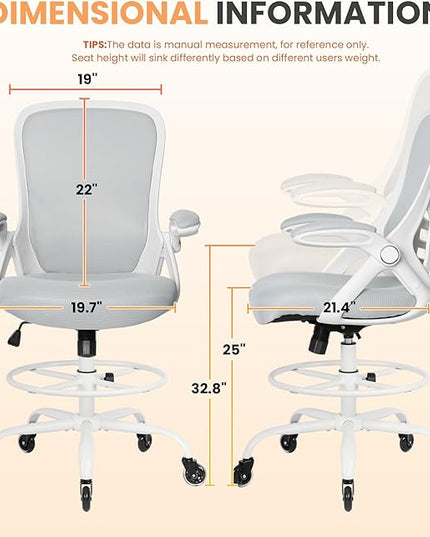 HYLONE Drafting Chair Tall Office, Ergonomic Standing Desk Stool Adjustable Drafting Chair Big Tall Drafting Office Chair White