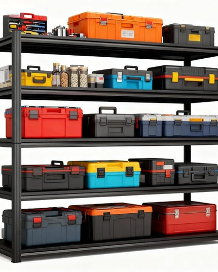 Storage Shelves, Garage Metal Shelving Unit, Adjustable, Double-Layer Column with Reinforced Ribs, Heavy-Duty, Capable of Bearing 600-3600 lbs (Black, 45''W*20''D*77''H, 5-Tier)